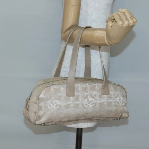 CHANEL New Travel Line Hand Bag Nylon Beige Silver CC Auth bs29078 - Picture 1 of 15
